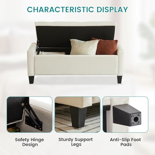 Virabit Velvet Storage Ottoman Bench, End of Bed Bench with Button, Two Side Storage Pockets, Organizer Storage Chest, Upholstered Foot Rest with Legs, Load up to 400 lb, Beige