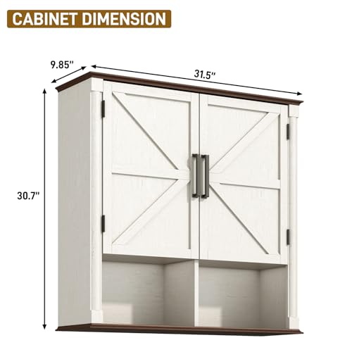 Farmhouse Bathroom Storage Cabinet,Double Wooden Bathroom Wall Cabinet with Roman Column Decor, Farmhouse Medicine Cabinets w Barn Doors,Storage Cabinets Wall Mounted for Kitchen(Rustic White) - color: Rustic White, style: Wall Double Storage Cabinet