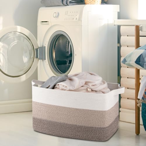 OIAHOMY Extra Large Blanket Basket, 95L Cotton Rope Woven Laundry Basket, Toy Bin for Baby Room, Container for Blanket Storage in Living Room, 24''×17''×14'', Gradient Brown - color: Gradient Brown, size: 95L