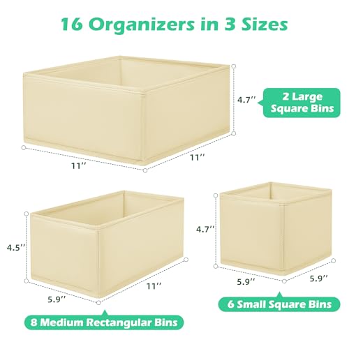 Drawer Clothing Organizer 16-Pack, Beige 3-Size Underwear Drawer Dividers, Fabric Folding Wardrobe Organizer for Baby Clothes, Bras, Underwear, Panties, Belts, Socks, Ties, etc. - color: Beige