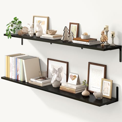 Fun Memories Deep Floating Shelves, 55W x 8D Floating Shelves Set of 2, Wall Mounted Shelf with Metal Brackets, Rustic Wood Wall Shelf for Bathroom, Kitchen and Living Room, Black - color: Black- L Bracket, size: 55"W x 8"D