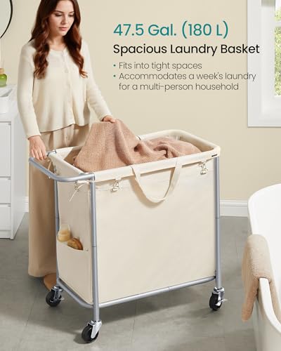 SONGMICS Laundry Basket with Wheels, Rolling Laundry Hamper, 47.5 Gallons (180 L), Removable Liner, Steel Frame with Handle, 31.5 x 15.4 x 31.9 Inches, Cream White URLS011W01 - color: Cream White, size: 180 L (1-Section), style: Rectangular with handle
