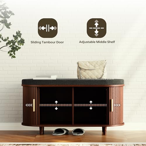 DHH 2-Tier Storage Bench,Wide Shoe Bench with Thickened Padded Seat Cushion, Mid Century Modern Fluted Sliding Door and Adjustable Shelf, for Entryway, Living Room, Bedroom (Walnut, 35.4“) - color: Walnut, size: 35.4 inch