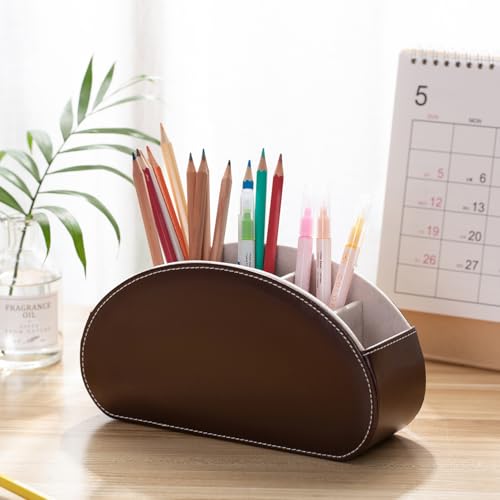 Remote Control Holders Organizer Box with 5 Compartment PU Leather Multi-functional Office Desk Storage Caddy Store Tv Remote for Media Player,Brush,Pencil,Glassees&Office Supplies (Dark Brown) - color: Dark Brown, size: S