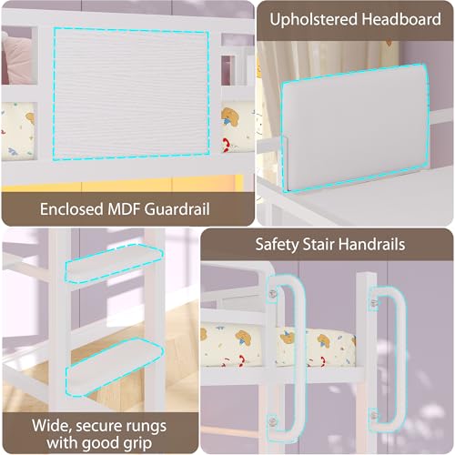 Dnxao Loft Bed Twin Size with L-Shaped Desk, Heavy-Duty Metal Twin Loft Bed with 5 Storage Drawers, LED Lights & Charging Station, Reinforced Stable Structure for Small Room Dorm Apartment, White - color: White, size: Twin loft bed with 5 drawer