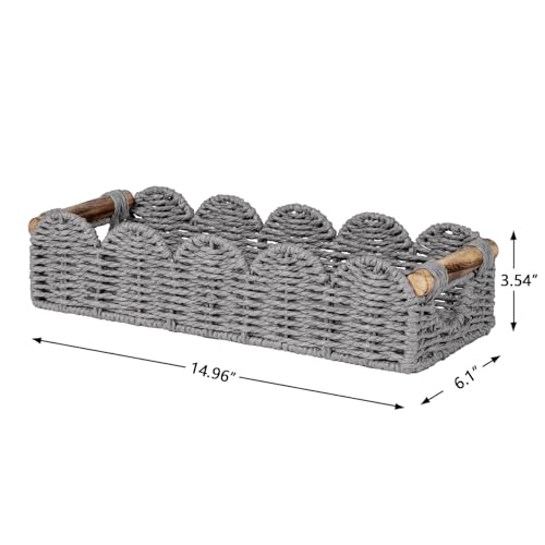 CubesLand Bathroom Basket Organizer w/Cut Out Handle, Back of Toilet Paper Storage Baskets Tray for Bathroom Countertop Decorative, Scalloped Wicker Basket Also for Home Decor, Living Room, Grey - color: Grey