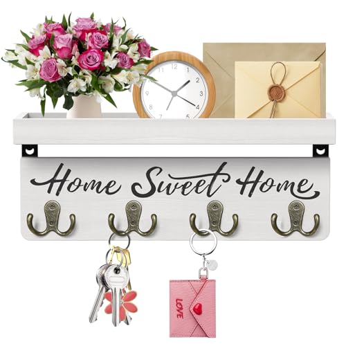 buways Wall-Mounted Key and Mail Holder, Wooden Key Rack with 4 Double Key Hooks, Rustic Home Decor for Entryway(White) - color: White