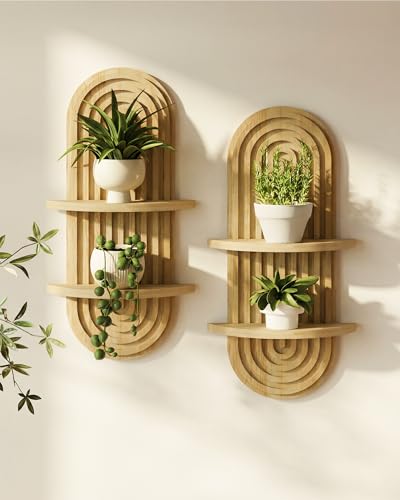 Bamworld Boho Wall Decor 2pcs Plant Wall Shelf, Mid Century Modern Decor Hanging Plant Shelf, 2-Tier Wooden Floating Shelves for Home, Bathroom Bedroom Living Room Holding Planter Decoration Natural - color: Natural, size: 16.7'' 2pcs