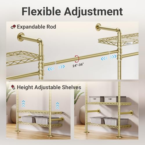 Timate F4 Wall Mounted Clothes Rack Industrial Pipe Clothing Rack for Hanging Clothes, Expandable Garment Rack Heavy Duty Wardrobe Closet Organizer and Storage, Adjustable Industrial Closet Kit, Gold - color: Gold