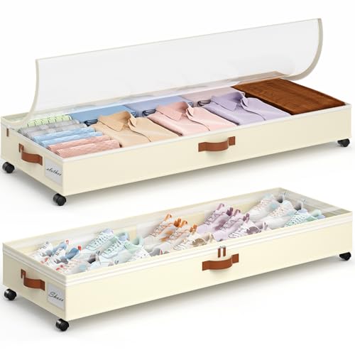 Yecaye Under Bed Storage with Wheels, 2 Pack Under Bed Storage Containers with Adjustable Dividers & Clear Window, 85L Rolling Underbed Organizer Bins Drawers for Clothes, Shoes, Blankets Toys, Beige - color: Beige, size: Extra Extra Large(2Pack)