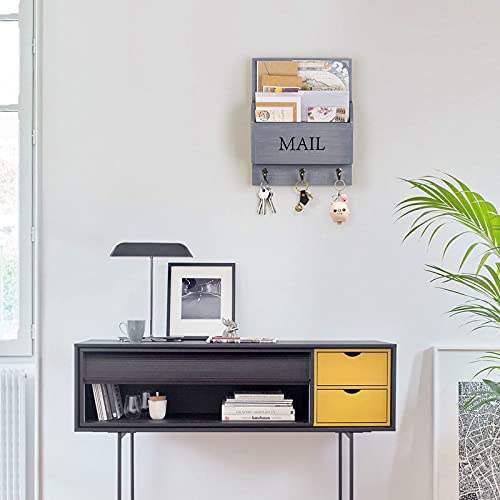 DLQuarts Mail Organizer with Key Holder for Wall Decorative Mail Sorter Wall Mounted, Wooden Mail Holder with 3 Hooks, Gray - color: Gray