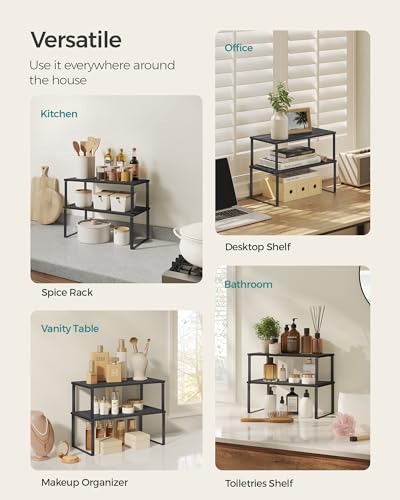 SONGMICS Cabinet Organizer Shelf, Set of 2 Kitchen Counter Shelves, Kitchen Storage, Spice Rack, Stackable, Expandable, Metal and Engineered Wood, Ink Black and Charcoal Black UKCS025B01 - color: Ink Black + Charcoal Black, size: 15.6"W