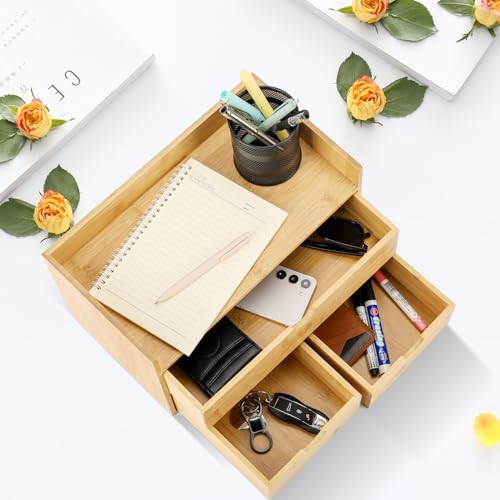 Charmewooden Bamboo Desk Organizer With Drawers Countertop Drawers Counter Storage Box Corner Desk Organizer for Home Office No Assembly Required (3 Drawers with shelf) - style: 3 Drawers with shelf