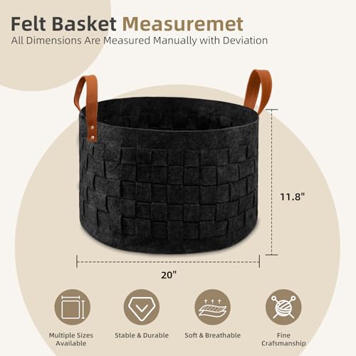 BOLDMONKEY Laundry Basket 20" x20 " x11.8 ", Large Round Blanket Basket with Leather Handle, Felt Storage Basket for Living Room, Nursery, Dog Toys-Dark Gray - color: Dark Gray