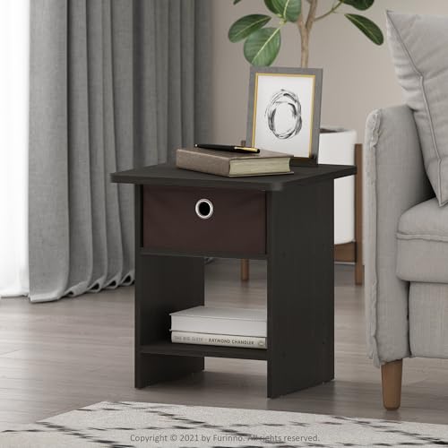 Furinno DARIO Side Table, Square End Table with Storage Bin, Round Corner Night Stand, Bedside Table with Open Back Shelf, for Living Room, Bedroom, Espresso - color: Espresso/Brown, size: 1-Pack, Upper Bin
