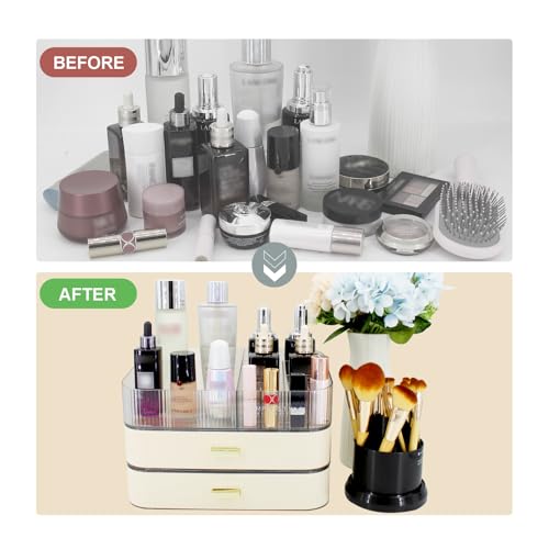 Makeup Organizer with 2 Drawers, Cosmetics Organizer for Bedroom and Bathroom Vanity Countertops, Large Capacity Cosmetic Storage Box for Skincare Cream Perfume Lipstick Dresser Counter-White - color: Grey, size: 2 Drawers