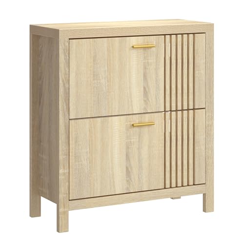 knoworld Shoe Storage Cabinet for Entryway with 2 Flip Drawers, 31.5" Slim Fluted Shoe Organizer Cabinet, Narrow Wooden Shoe Rack Cabinet, Freestanding Hidden Shoe Cabinet for Hallway, Entrance (Oak)