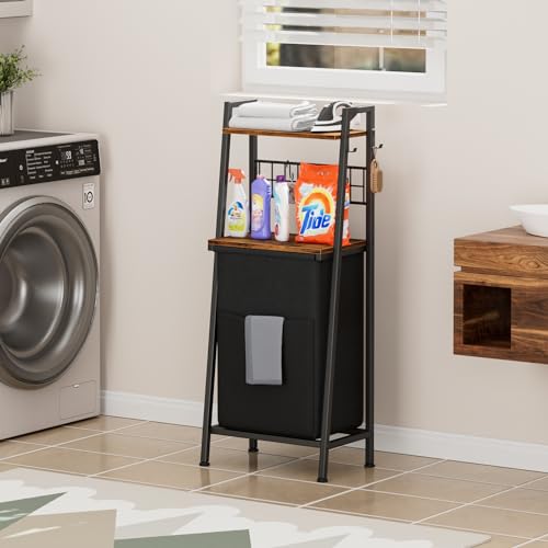 Furnulem Laundry Hamper, Vertical Laundry Basket with 2 Tiers Wooden Shelf and Hooks, Clothes Hamper with Pull-Out and Removable Bag for Bathroom, Bedroom, Dorm, 13.21 Gallons (50L) - size: 1-Bag Laundry Hamper