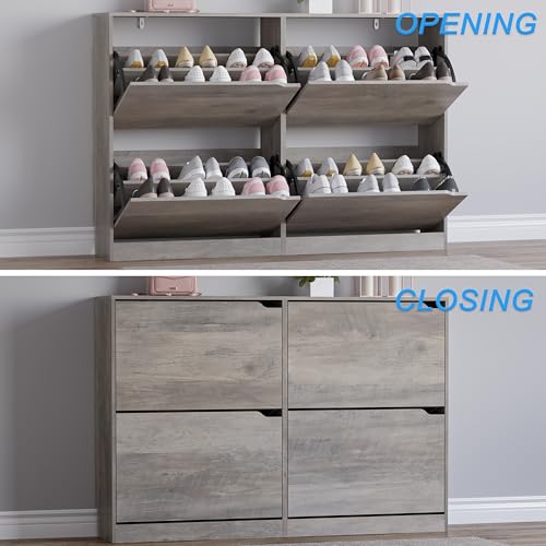 BORNOON Shoe Cabinet with 4 Flip Drawers, Narrow Hidden Shoe Storage Cabinet, Slim Freestanding Shoe Rack Organizer for Entryway, Hallway, Bedroom, Living Room - color: Grey, size: 4 Drawers