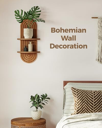 Bamworld Plant Wall Shelf Boho Wall Decor Brown Hanging Plant Shelf Mid Century Modern Decor 2-Tier Wooden Floating Shelves for Home, Bathroom Living Room Office Holding Planter Decoration, 1Pcs - color: Brown - Matte, size: 16.7'' -1 Pcs