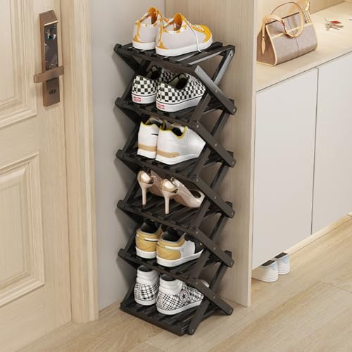 Vertical Narrow Shoe Rack Black, 6 Tier Portable Folding Shoe Storage Rack, Without Installation Free Standing Shoe Rack for Corridors, Bedrooms Living Room Corner and Small Spaces - size: 6 Tier&Black
