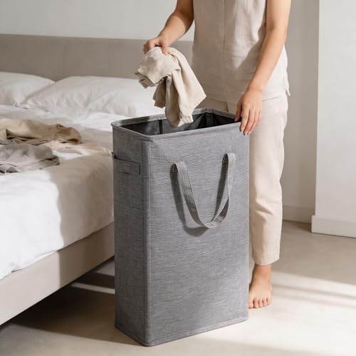 ZERO JET LAG Slim Laundry Hamper With Handles Collapsible Laundry Basket Thin Dirty Clothes Basket Narrow Laundry Bag Foldable Dirty Cloth Hamper 45L (24 inches,Dark Grey) - color: Dark Gray- With Handles
