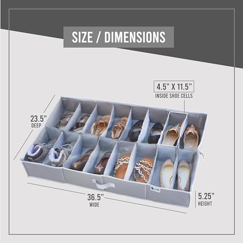 Under Bed Shoe Storage Organizer - TEAR-RESISTANT Heavy Duty 600D Material - Fits All Styles Men's and Women's Shoes, Up to 16 Pairs - Extra-Strong Zipper - Grey - Perfect for College Dorms - color: Grey, style: Set of 1
