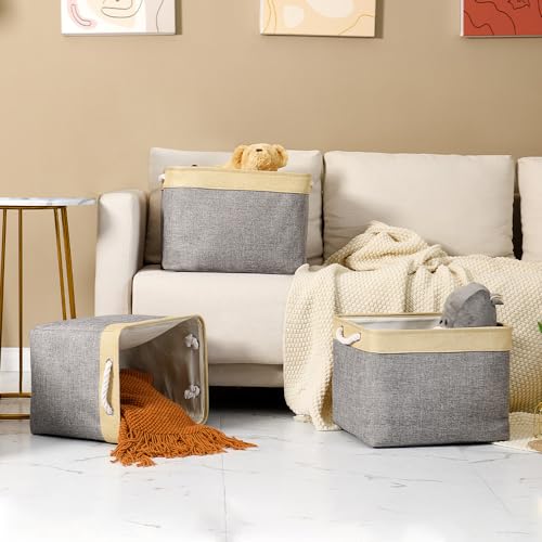 TheWarmHome Storage Basket for Organizing - Fabric Large Cubes 3 Pack 16x12x12 inch Baskets, Cube Storage Bin for Shelves Organizer Closet Cloth Gift Toy (Gold & Grey) - color: Gold&Grey, size: 3PCS/Large Cube - 16L×12W×12H