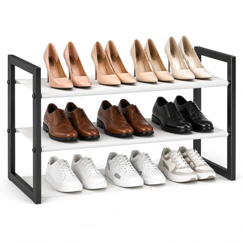 2-Tier Shoe Rack for Closet & Entryway, Stackable Shoe Organizer, Screw-Fastened Metal Frame for Less Wobble, Heel-Friendly Non-Woven Shelves, 11.8" Deep Space-Saving Shoe Storage (Black) - size: 2-Tier