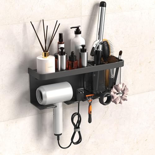 Hair Dryer Holder Wall Mounted Adhesive/Drilling, Hair Dryer Storage Organizer with Shelf & Hooks for Bathroom, Blow Dryer Holder, Hair Tool Organizer (Grey) - color: Gray