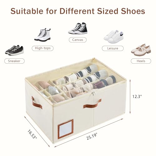 INSTY Shoe Organizer for Closet Fit 24 Pairs, Large Foldable Shoe Storage Containers Box Bin w/Adjustable Dividers and Clear Cover, Space Saving Shoe Storage Organizer Box, Beige - color: 1 Pack Beige Large