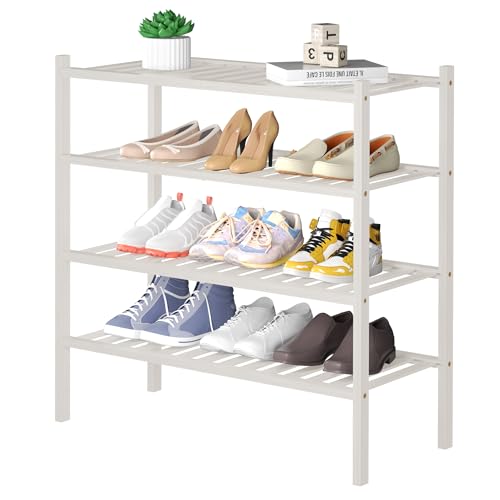 ROMGUAR CRAFT 4 Tier Bamboo Shoe Rack for Closet Free Standing Wood Shoe Shelf for Entryway Small Space Stackable 27"x11"x26" (White) - color: White, size: 4 tier