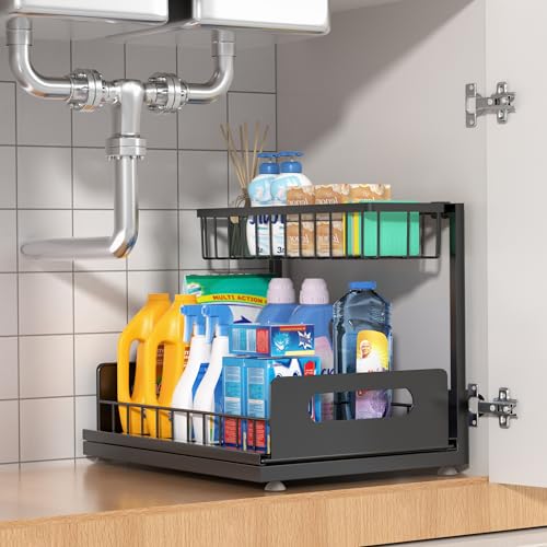Under Sink Organizer 2 Tier, Pull Out Drawer Slides Under Sink Storage for Bathroom Kitchen,Multi-Purpose Drawer Under Cabinet Organizer for Cleaning Supplies (Black, 1 Pack) - color: Black, size: 1 Pack