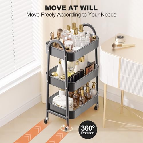 EAGMAK 3 Tier Rolling Cart, Large Metal Storage Cart with Handle and Lockable Wheels, Big Multifunctional Storage Organizer Trolley with Mesh Baskets for Kitchen, Living Room, Office, Garage (Black) - color: Black, size: Large
