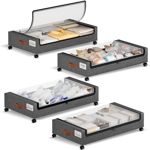Yecaye Under Bed Storage with Wheels, 4 Pack Under the Bed Storage Containers with Lids & Label, XXL 60L Rolling Underbed Storage Drawers for Clothes, Blankets, Shoes, Hemp Gray - color: Hemp Gray, size: 4 Pack