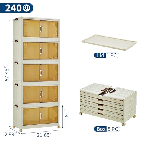 GarveeHome 240QT Stackable Storage Bins, Folding Storage Box with Magnetic Doors & Wheels, Loset Organizers and Storage with Lids, Collapsible Plastic Drawers for Bedroom Kitchen Office, White - color: 5rd Floor, size: 48QT