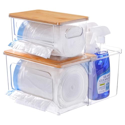 iCASA Trash Bag Dispenser Holder - 3 in 1 Acrylic Plastic Garbage Bag Pantry Organizer, Clear Large Laundry Pods Container with Lid, Stackable Under Sink Kitchen Laundry Room Organization and Storage - size: 3 in 1