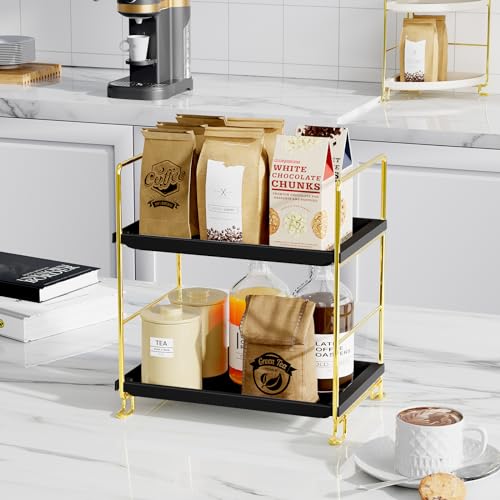 FSyueyun 2-Tier Bathroom Countertop Organizer, Tool-Less Installation Premium Plastics Makeup Shelf Organizer Perfume Skincare for Dresser Vanity Tray Organizers and Storage (Gold & Black) - color: Gold & Black