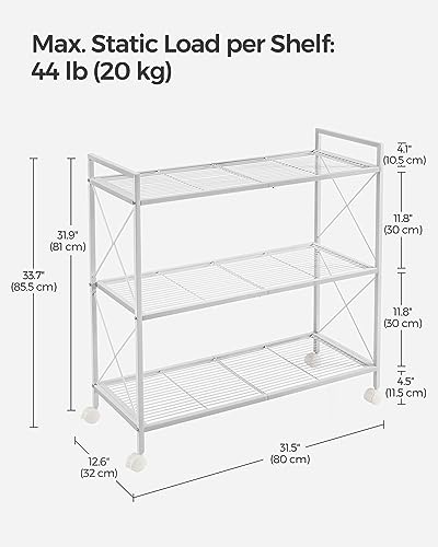 SONGMICS 3-Tier Metal Storage Rack with Wheels, Mesh Shelving Unit with X Side Frames, 31.5-Inch Width, for Entryway, Kitchen, Living Room, Bathroom, Industrial Style, White UBSC183W01 - color: White, size: 31.5"W