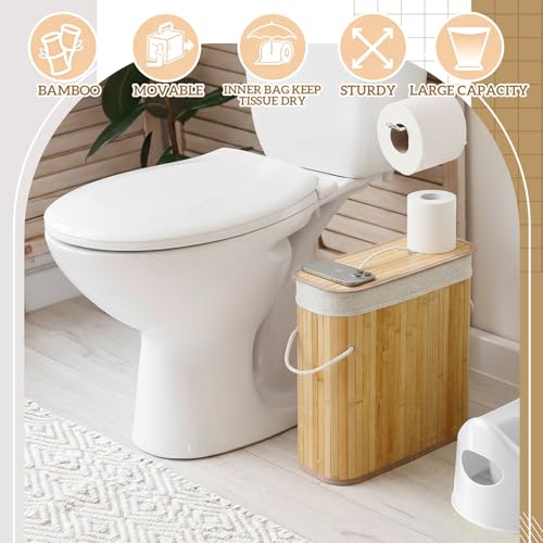 Leinuosen Bamboo Toilet Paper Storage Basket 8 Gallons Toilet Paper Organizer Holder with Lid Waterproof for Kitchen Bathroom Home(Beige,Regular) - color: Beige, style: Regular