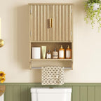 TEENFON Fluted Bathroom Wall Cabinet with Adjustable Shelves and Towel Rack, Wall Mounted Over The Toilet Storage Organizer for Bathroom, Living Room, Natural - color: Natural-22"h