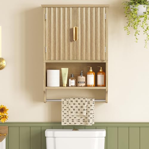 TEENFON Fluted Bathroom Wall Cabinet with Adjustable Shelves and Towel Rack, Wall Mounted Over The Toilet Storage Organizer for Bathroom, Living Room, Natural - color: Natural-22"h