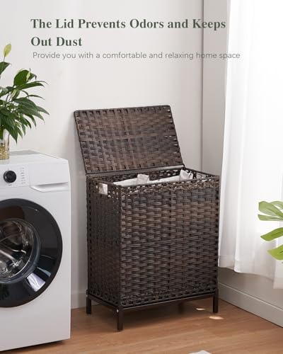SETVSON Laundry Hamper with Lid, 112 L Handwoven Rattan Wicker Laundry Basket, 2 Removable Liner Bags Metal Heightened Feet, 6 Mesh Bags, 2 Section Large Clothes Hamper for Bathroom Bedroom, Brown - color: Brown, size: 112 L - 29.6 gal