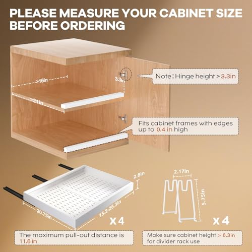 Seinloes 4 Pack Pull out Cabinet Organizer 21" Deep With Raising Pad for Framed Cabinets,Expandable (15.2"-26.3"W) Slide out Drawers for Kitchen Cabinets with 4pcs Divider Racks,Roll out Shelves,White - color: White, size: 15.2"-26.3"W x 21"D(4Pack)