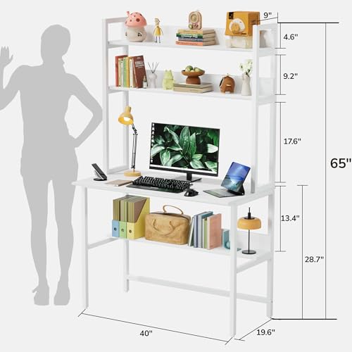 Aquzee Computer Desk with Hutch, 40“W x 19.6" D Desk with Shelves, Tall Home Office Desk with Bookshelf, Metal Legs Study Table with Upper Storage Shelf for Study Writing/Workstation, White - color: White, size: 40inch