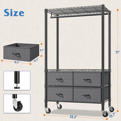 Raybee Clothes Rack Heavy Duty Clothing Rack with Rolling Wheels & 4 Drawers, Clothing Racks for Hanging Clothes with Drawers, Black - color: Black, style: Clothes Rack with Wheels