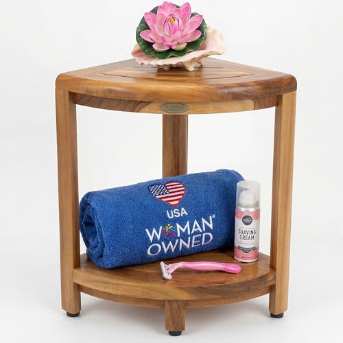 DecoTeak Teak Corner Shower Shelf – 2 Tier Waterproof Bathroom Storage Organizer Compact Wood Storage | Water-Resistant Design | Space Saver for Showers & Small Bathrooms | Shaving Foot Rest - size: 2 tier