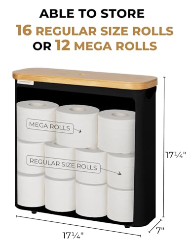 StorageWorks Large Toilet Paper Storage with Bamboo Lid, Toilet Paper Holder Basket for Up to 12 Mega or 16 Regular Size Rolls, Paper Storage Baskets for Bathroom, Black, 1 Pack - color: Black, size: Large