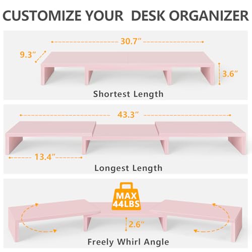 TAVR Dual Monitor Stand Riser, Computer Monitor Stands for 2 Monitors, Extra Long Multifunctional Desktop Organizer Riser for Computer, Laptop, PC, Printer, TV, Max 43.3" Length, Pink - color: Pink