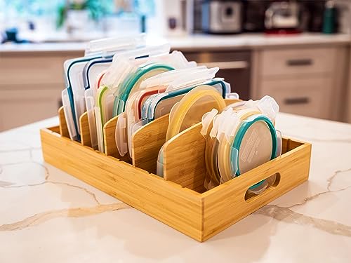Umilife Extra Large Kitchen Cabinet & Drawer Organizer, Bamboo Lid Holder with 5 Tall Adjustable Dividers, Pantry Organization and Storage for Food Container Lid - size: Extra Large